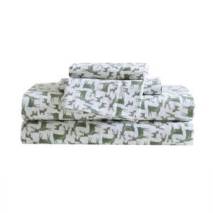 Deer Camp 3 Piece White/Green Flannel Twin Sheet Set