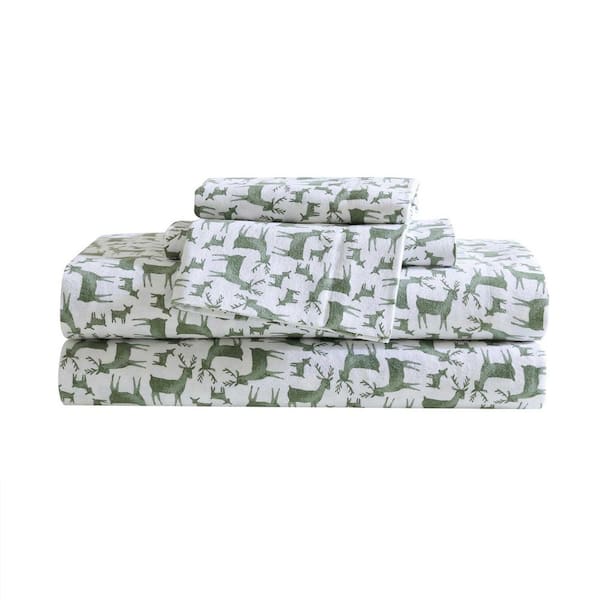 Deer Camp 4-Piece White/Green Flannel Queen Sheet Set
