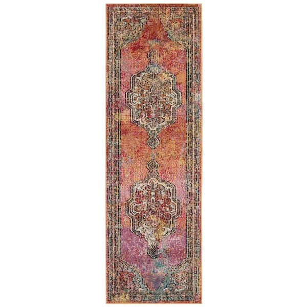 Crystal 2 ft. x 13 ft. Orange/Light Blue Medallion Floral Runner Rug