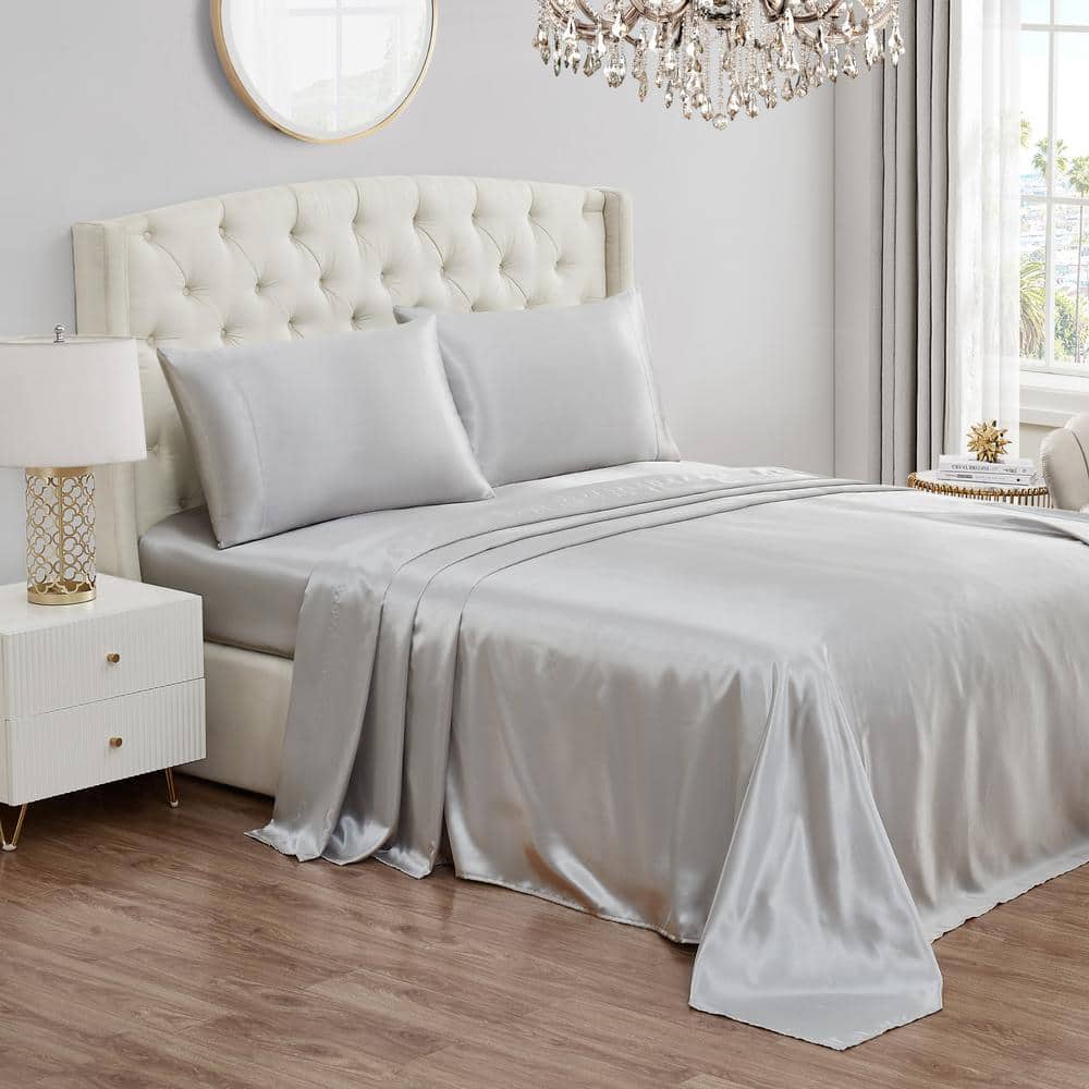 Twin XL Smoke Gray Satin Deep Pocket Sheet Set