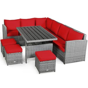 7-Piece Wicker Patio Conversation Set with Red Cushions and Dining Table