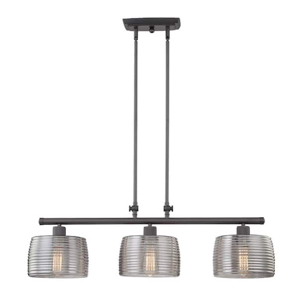 Unbranded Nantes 9 in. 3-Light Island Burning Gray with Smoked Glass Pendant Light