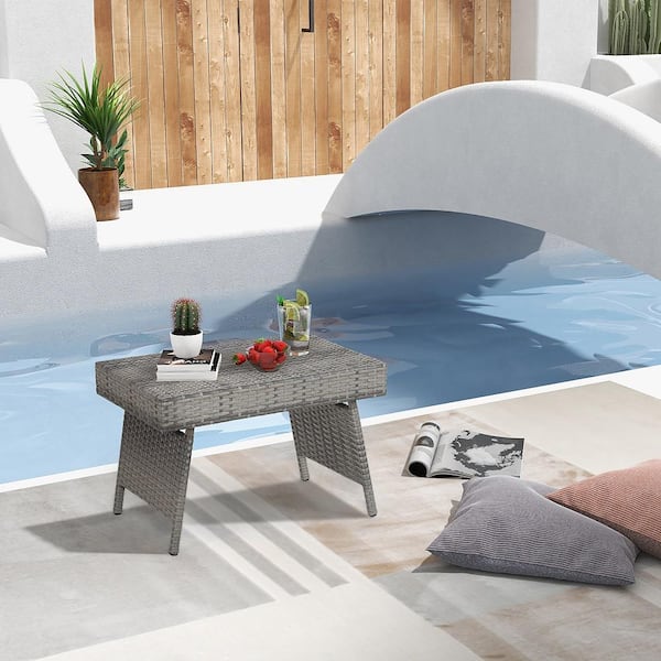 Patio Folding Rattan Wicker Outdoor Side Table End Coffee Table Portable Garden Mix Grey