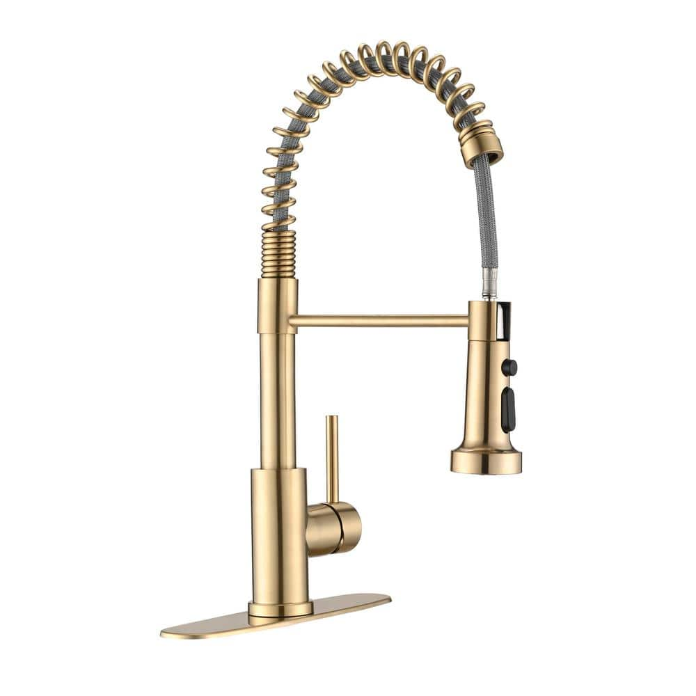 Single Handle Pull Down Sprayer Kitchen Faucet with in Brushed Gold Spring Deck Plate Kitchen Sink -  Fapully, FAB-0035NG-D