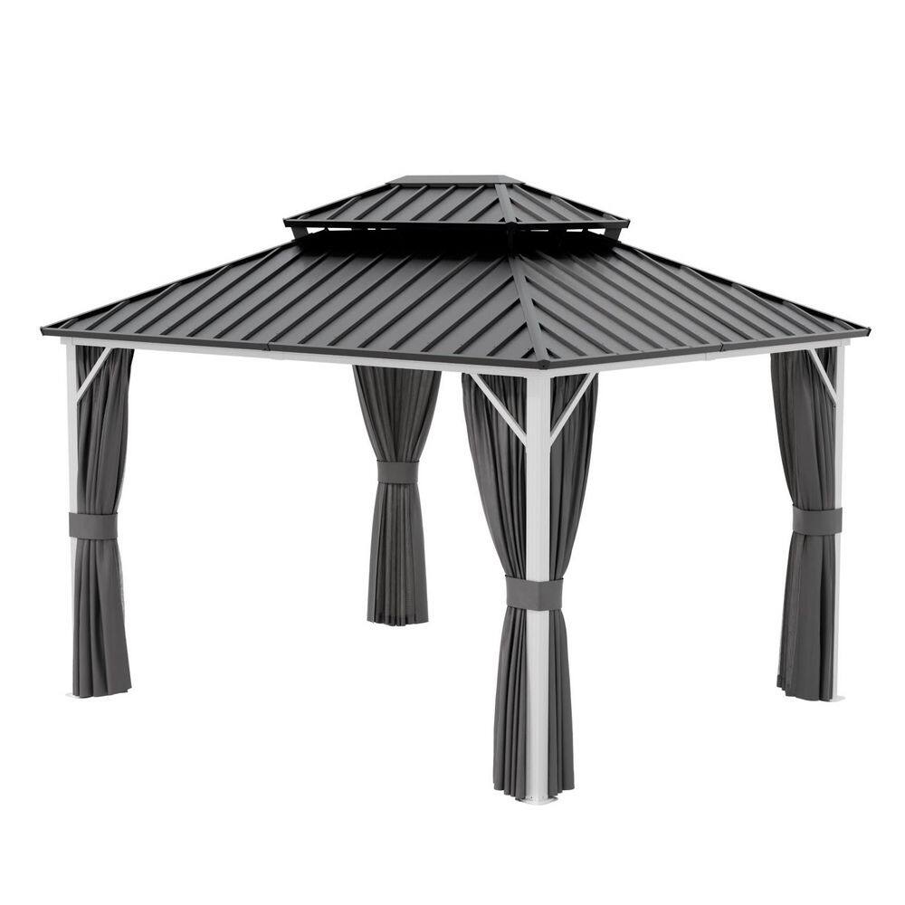 12 ft. x 10 ft. 2-Tier Galvanized Steel Roof Hardtop PatioGazebo w/ Privacy Curtain Netting Aluminum Frame for Outdoor price history on PriceWatchPro