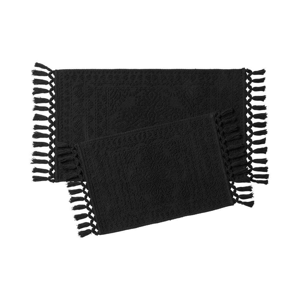French Connection Nellore Black Fringe Solid Color Cotton Rectangle 2-Piece Bath Rug Set FCB028555