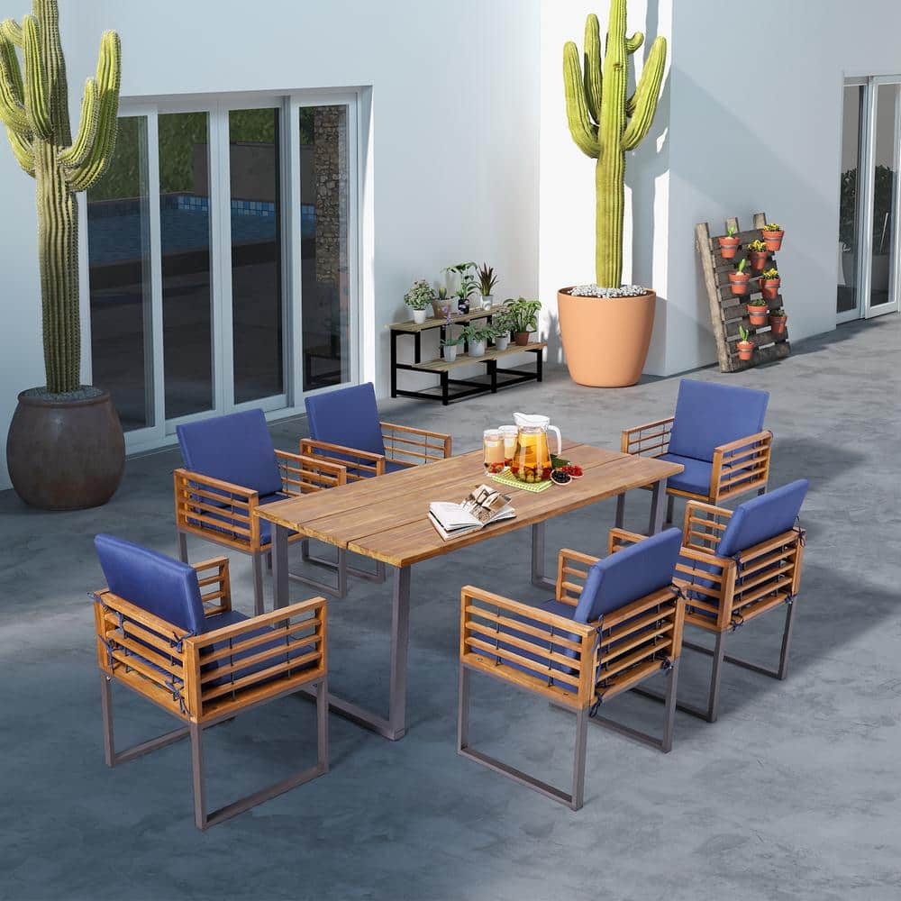 7-Piece Acacia Wood and Metal Outdoor Dining Set with Navy Cushions