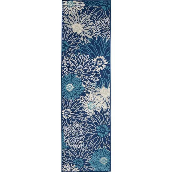 Nourison Passion Navy/Ivory 2 ft. x 10 ft. Floral Contemporary Kitchen Runner Area Rug