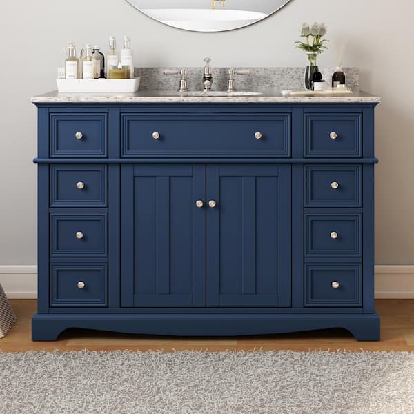 Home Decorators Collection Fremont 49 in. Single Sink Freestanding Navy Blue Bath Vanity with Grey Granite Top (Assembled)