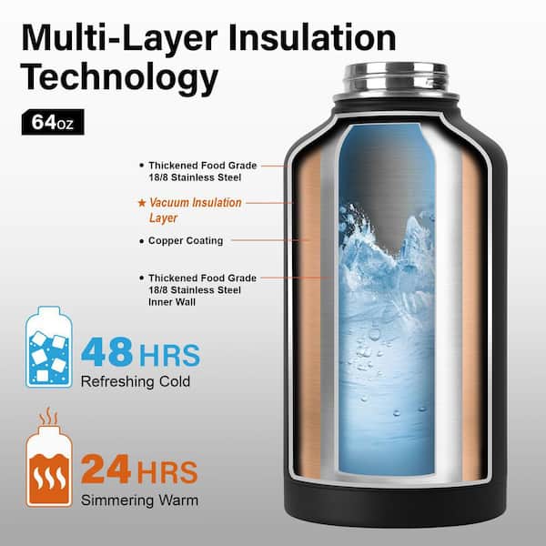 Wudkey 64 oz. Insulated Stainless Steel Water Bottle, Portable Sports Half Gallon Bottle, Carrier Bag and Handle Strap, Black