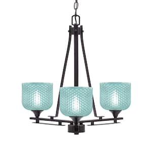 Ontario 19.25 in. 3-Light Dark Granite Geometric Chandelier for Dinning Room with Turquoise Shades No Bulbs Included