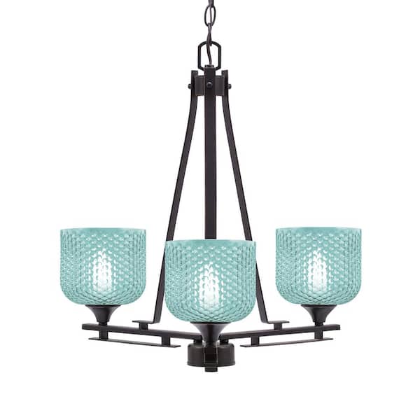 Unbranded Ontario 19.25 in. 3-Light Dark Granite Geometric Chandelier for Dinning Room with Turquoise Shades No Bulbs Included