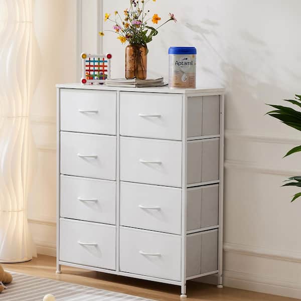 FIRNEWST Teresa White 31.4 in. W 8-Drawer Dresser with Fabric Bins and Steel Frame Storage Organizer Chest of Drawers