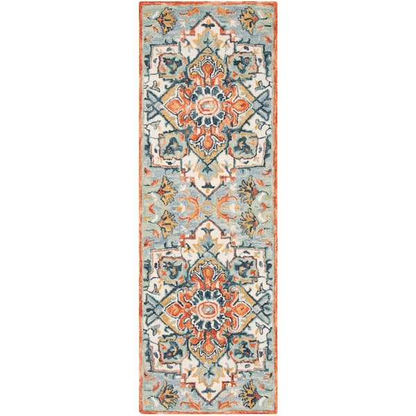 Aspen 2 ft. x 15 ft. Blue/Rust Geometric Floral Runner Rug