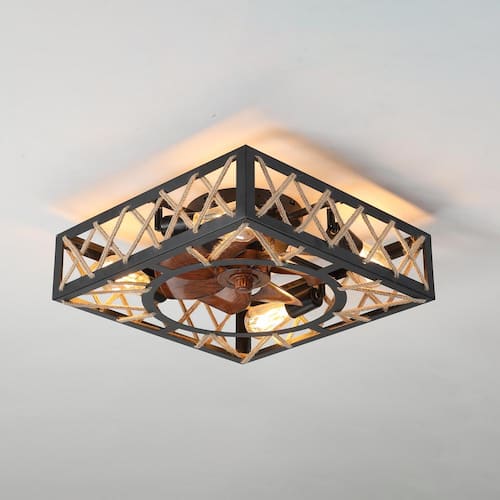 17.7 in. Indoor Black Lighting Ceiling Fan Flush Mount Square with Rope Decor Ceiling Fans With Lights