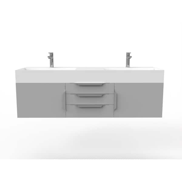 castellousa Maranon 60 in. W x 19 in. D x 19.25 in. H Double Floating Bath Vanity in Matte Gray with Chrome Trim and White Top