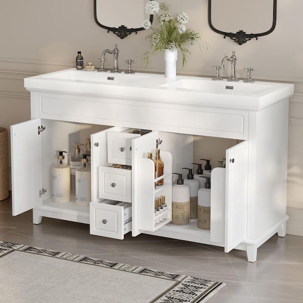 60 in. Freestanding White Bath Vanity with White Resin Top and 3 Drawers and Door Bathroom Storage Cabinet Unassembled