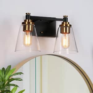 13 in. 2-Light Black Industrial Bathroom Vanity Light, Modern Clear Glass Bath Lighting, Brass-Plated Indoor Wall Sconce