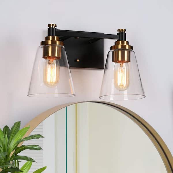 Zevni 13 in. 2-Light Black Industrial Bathroom Vanity Light, Modern Clear Glass Bath Lighting, Brass-Plated Indoor Wall Sconce