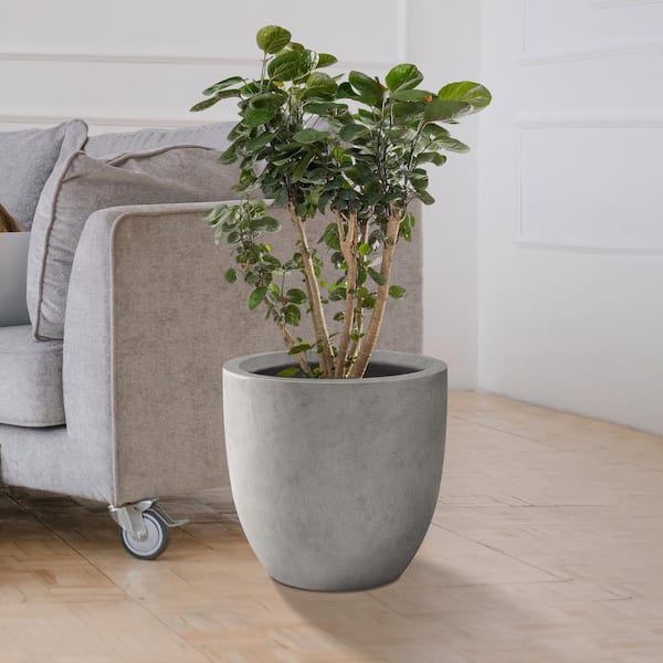 13.39 in. x 12.6 in. Round Natural Finish Lightweight Concrete and Fiberglass Indoor Outdoor Planter with Drainage Hole