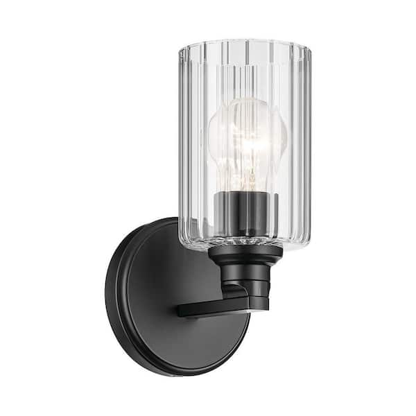 Gioe 9.5 in. 1-Light Wall Sconce with Clear Fluted Glass in Black