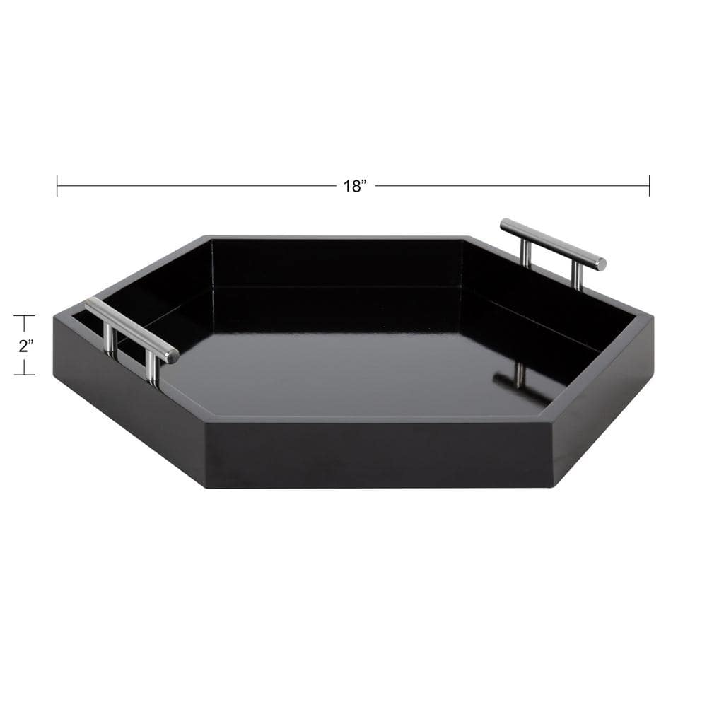 Lipton Hexagon Black Glossy Wooden Tray with Polished Metal Handles