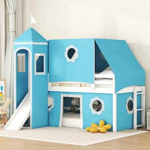 Blue Twin Size Wood Bunk Bed with Slide, Tent, Tower and Flower Windows