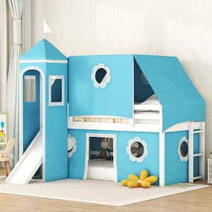 Blue Twin Size Wood Loft Bed with Slide, Tent, Tower and Flower Windows