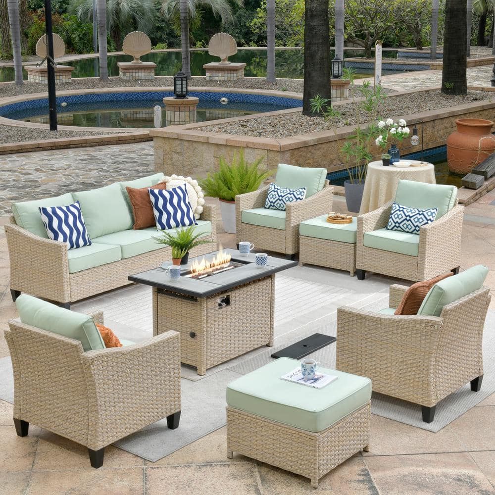 Oconee Beige 8-Piece Wicker Outdoor Rectangular Fire Pit Patio Conversation Sofa Seating Set with Light Green Cushions -  HOOOWOOO, CFP-DR9008