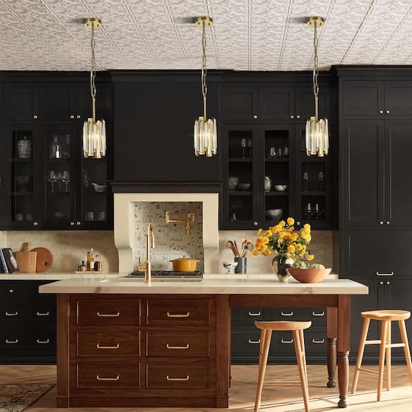 Laga 1-Light Modern Glam Linear Brushed Brass Kitchen Island Pendant Light with Crystal Shade, No Bulbs Included