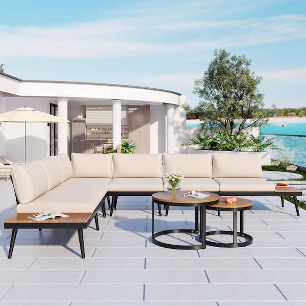 Harper & Bright Designs 6-Piece Black Metal and Wood Outdoor Sectional Set with Beige Cushions and Round Nesting Coffee Tables