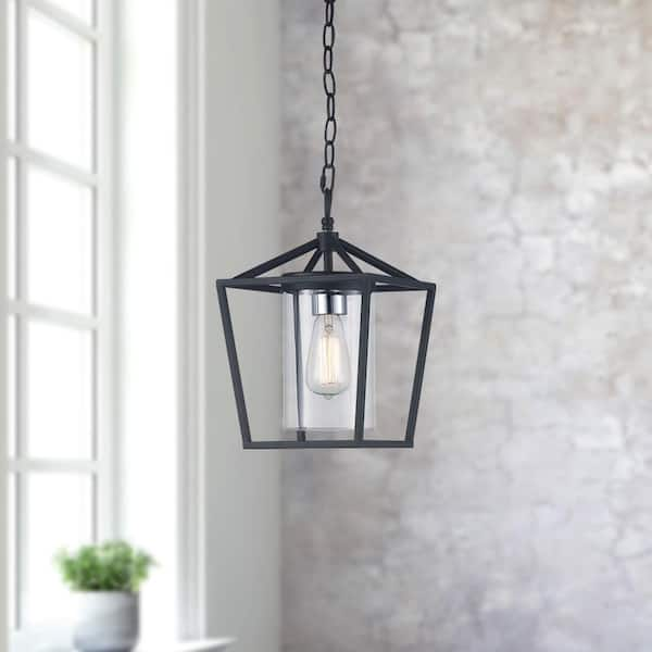 1-Light Black Outdoor Pendant Light Fixture with Clear Glass