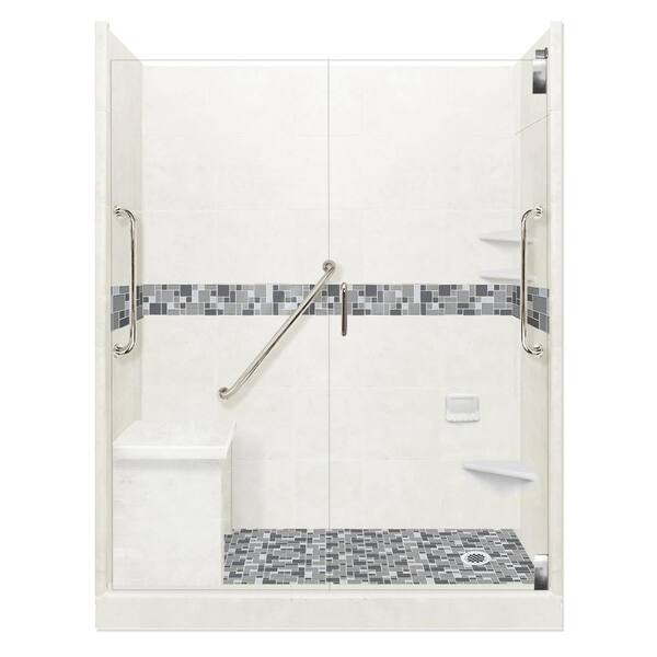 American Bath Factory Newport Freedom Grand Hinged 32 in. x 60 in. x 80 in. Right Drain Alcove Shower Kit in Natural Buff and Satin Nickel