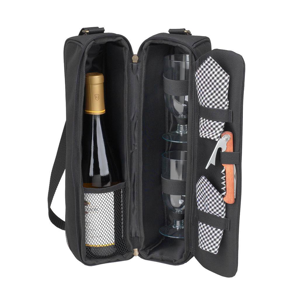 Black Insulated Wine Tote with Glasses and Corkscrew