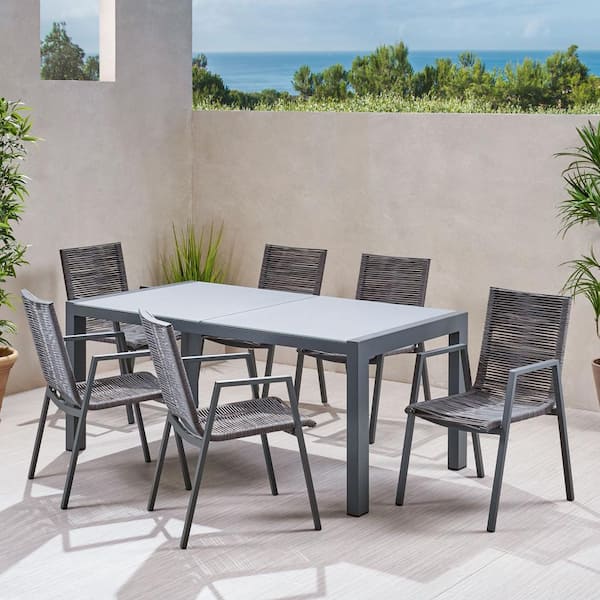 Noble House Lazuli Grey 7-Piece Aluminum Rectangular Outdoor Dining Set with Tempered Glass Table Top and Dark Grey Seat Finish