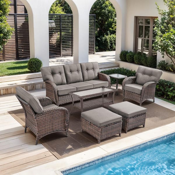 Brynn Brown 7-Piece Outdoor Wicker Patio Conversation Set Furniture Sets Chat Set with Gray Cushions