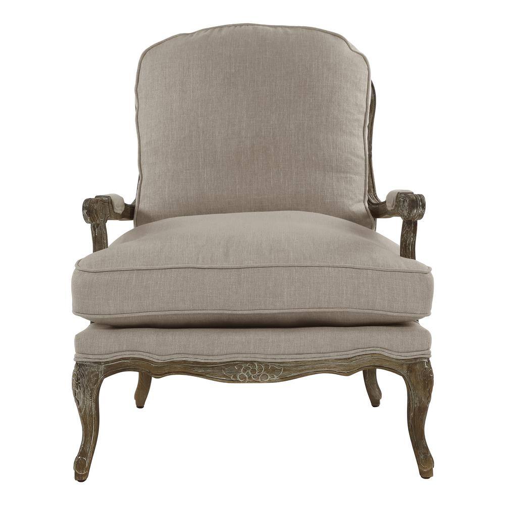 Natural Linen and Wood Accent Chair with Carved Details