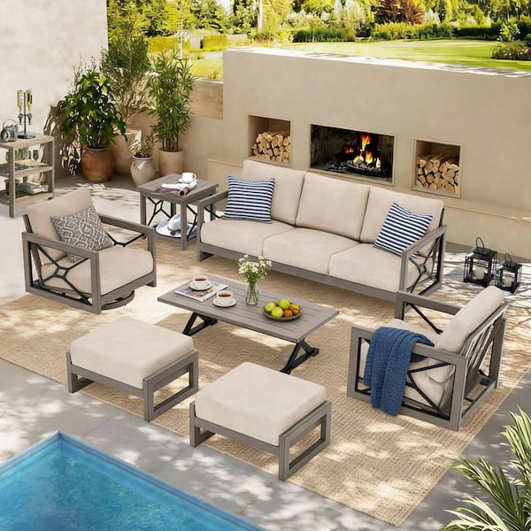 Marindo 7-Piece Swivel Aluminum Outdoor Conversation Set with Echo Dune Cushions