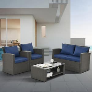 4-Piece Gray Wicker Outdoor Patio Sectional Sofa Conversation Set with Blue Cushions