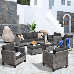 Positano Gray 7-Piece Wicker Patio Conversation Set with Black Cushions