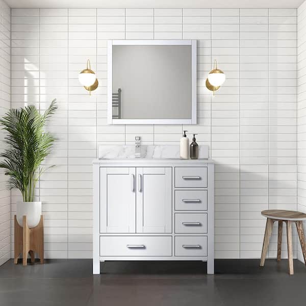 Lexora Jacques 36 in. W x 22 in. D Left Offset White Bath Vanity without Top and 34 in. Mirror