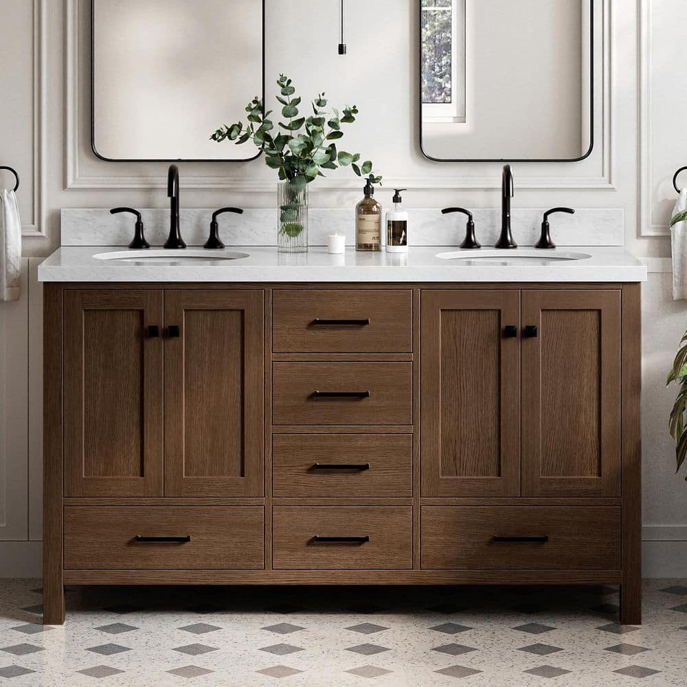 Cambridge 60 in. Double Sink Freestanding Bathroom Vanity in Brown Oak with Carrara White Marble Top price history on PriceWatchPro