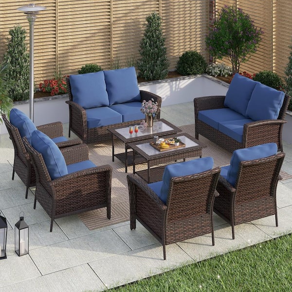 PHI VILLA Black 8-Pieces Metal Patio Conversation Sectional Seating Set with CushionGuard Blue Cushions