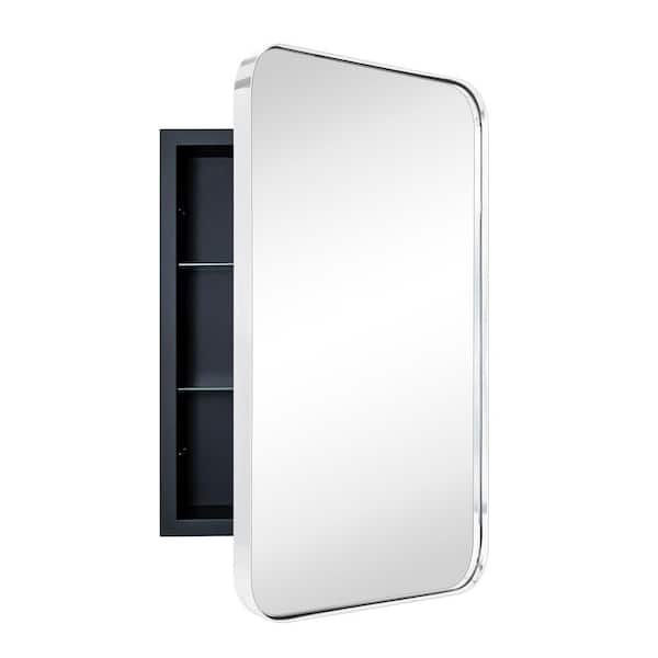 TEHOME 16 in. W x 24 in. H Rounded Rectangular Silver Stainless Steel Recessed Framed Medicine Cabinet with Mirror in Chrome