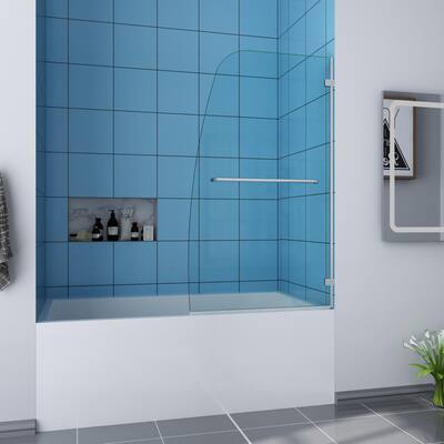 34 in. W x 58 in. H Pivot Frameless Bathtub Door in Chrome with Handle