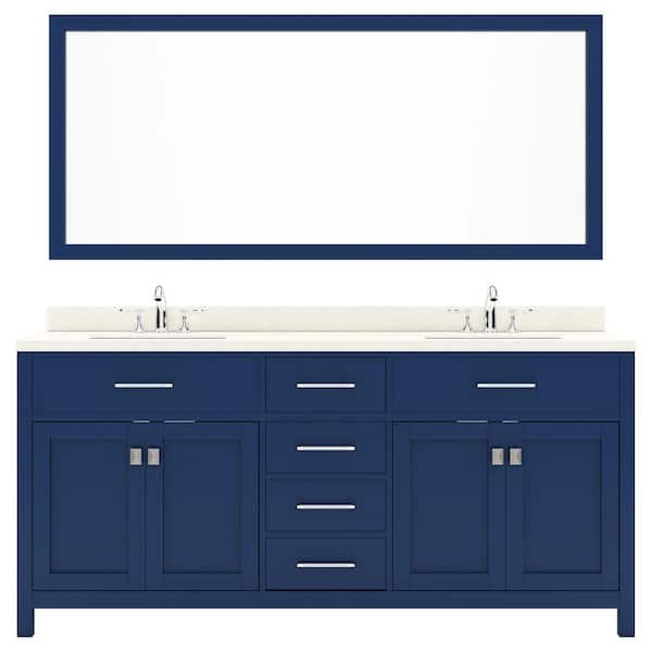 Virtu USA Caroline 72 in. W Bath Vanity in French Blue with Quartz Vanity Top in Dazzle White with White Basins and Mirror