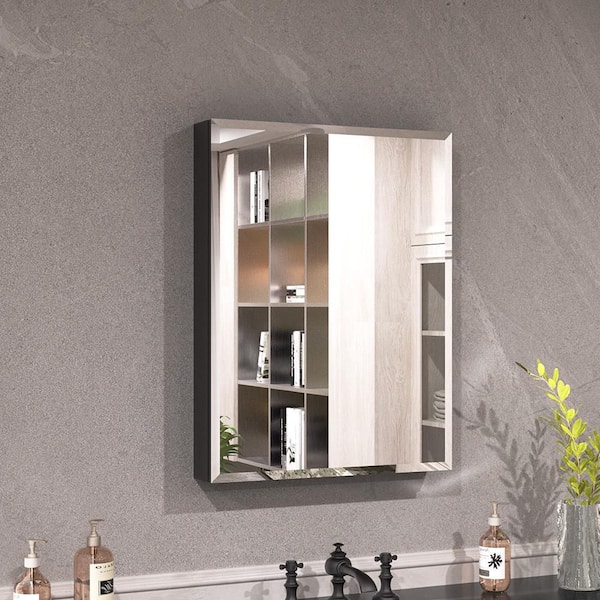 Keen 23 in. x 30 in. Framless Recessed or Surface-Mount Rectangular Aluminum Medicine Cabinet with Mirror in Matte Black