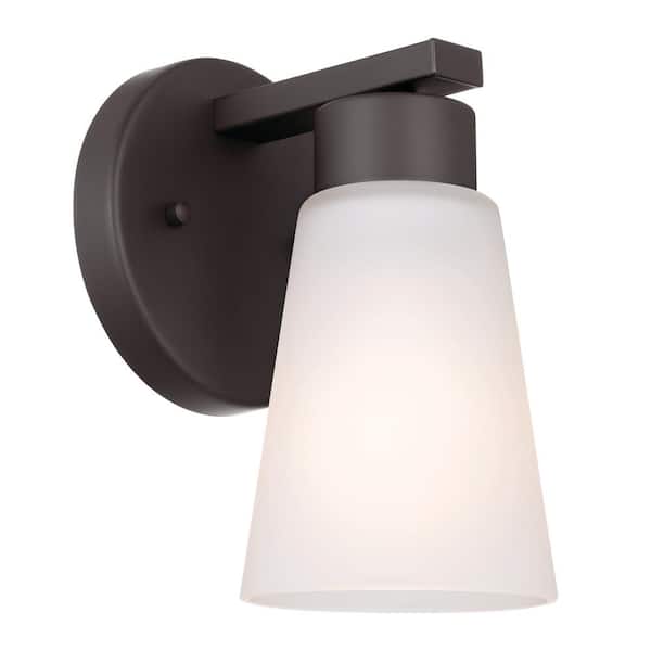 KICHLER Stamos 1-Light Olde Bronze Bathroom Indoor Wall Sconce Light with Satin Etched Glass Shade
