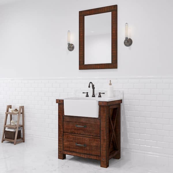 Paisley 31 in. W x 22 in. D Vanity in Rustic Sienna with Marble Vanity Top in White with White Basin and Mirror