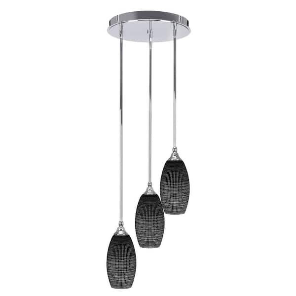 Unbranded Villa 60-Watt 14.5 in. 3 Light Chrome Stem Pendant Light with 5.5 in. Black Matrix Glass Shade, No bulbs included
